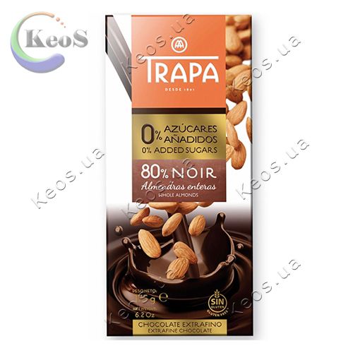 Чорний шоколад Trapa Intenso без цукру 0% чорний 80% з мигдалем 175 г